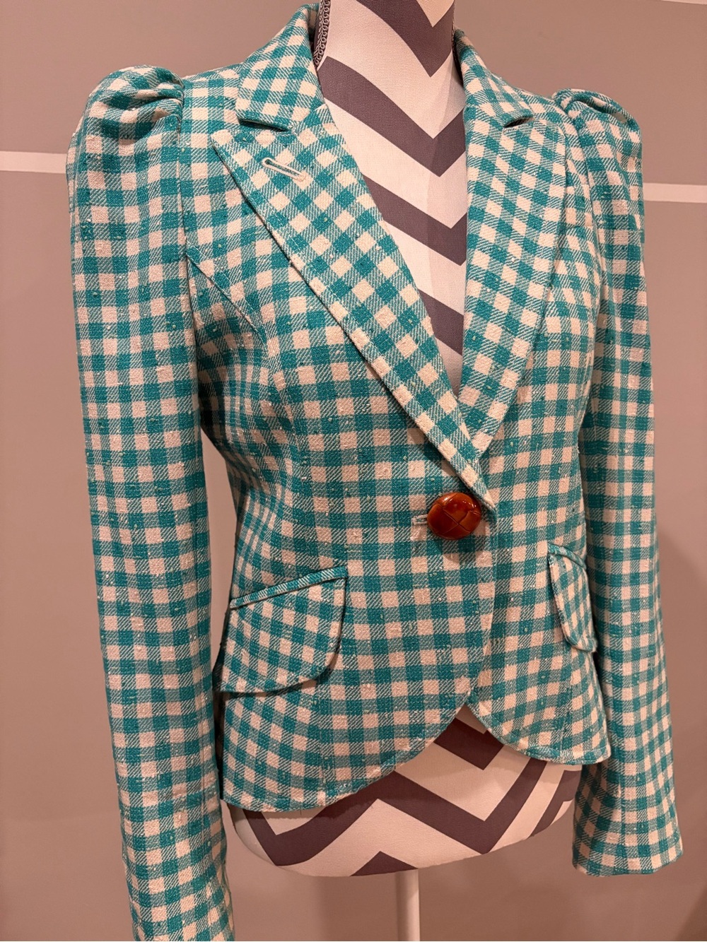 Smythe Pouf Sleeve Aqua Check Gingham Blazer - Picture 3 of 8